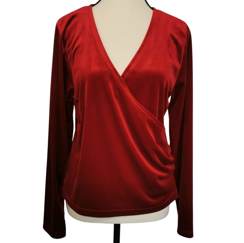 Tres You Deep V Surplice Neck Ruched Ruby Red Velvet Top - Sz L Open To Offers